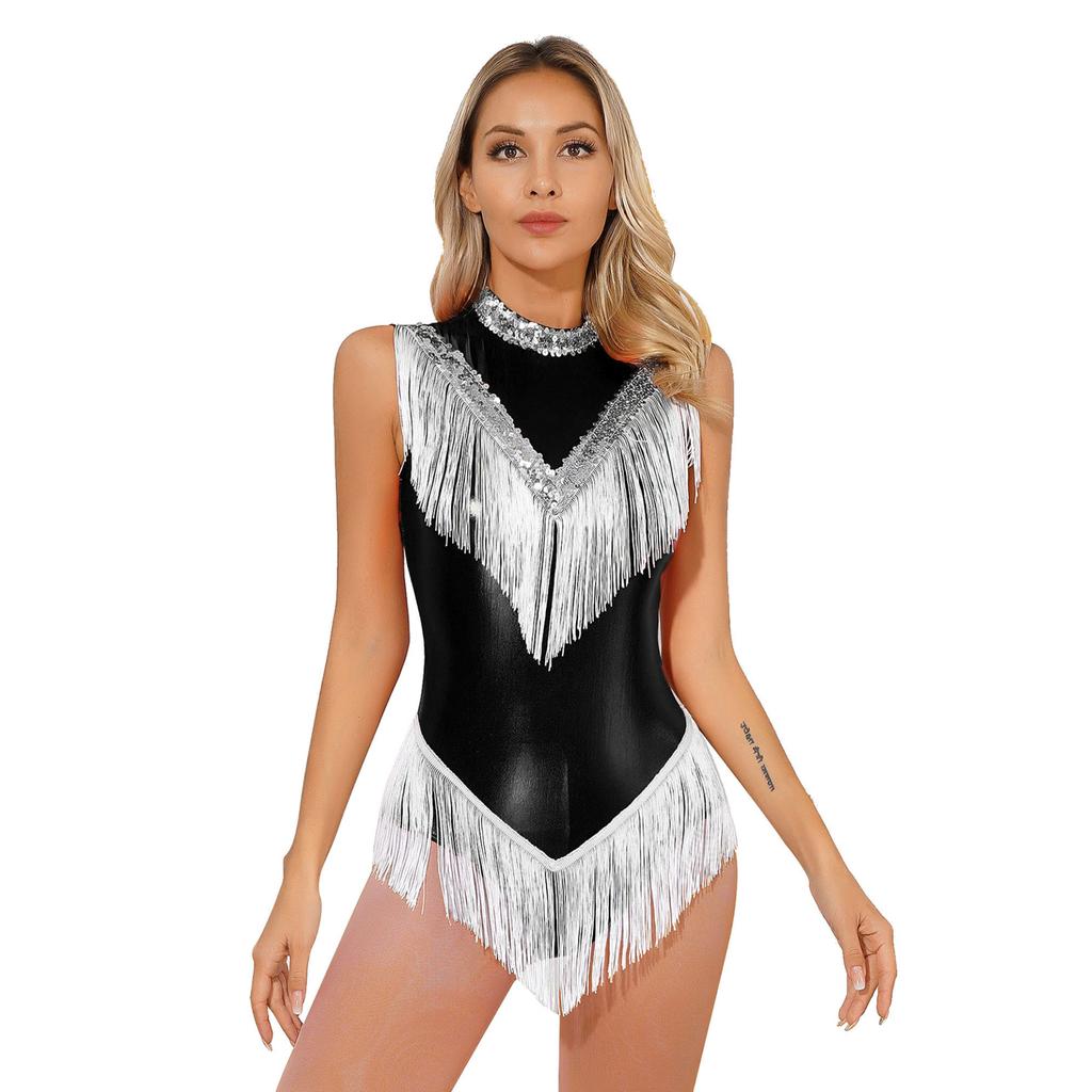 Womens Metallic Sleeveless Fringed Bodysuit Shiny Sequins Mock Neck Tassel Leotard for Latin Dance Performance