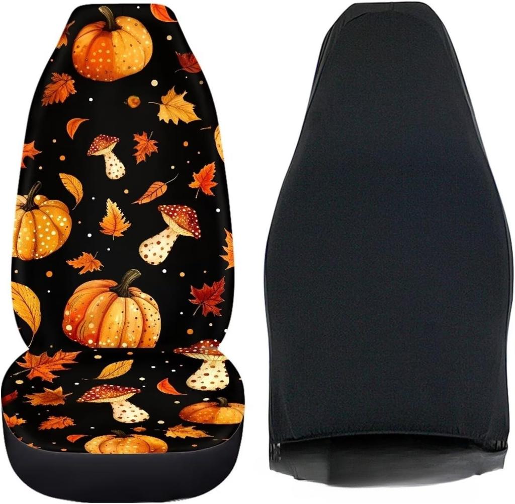Pumpkin Mushroom Maple Leaf Front Car Seat Covers Protectors 2-Pc Set Graphic Print Auto Seat Covers For Holiday Car Decor