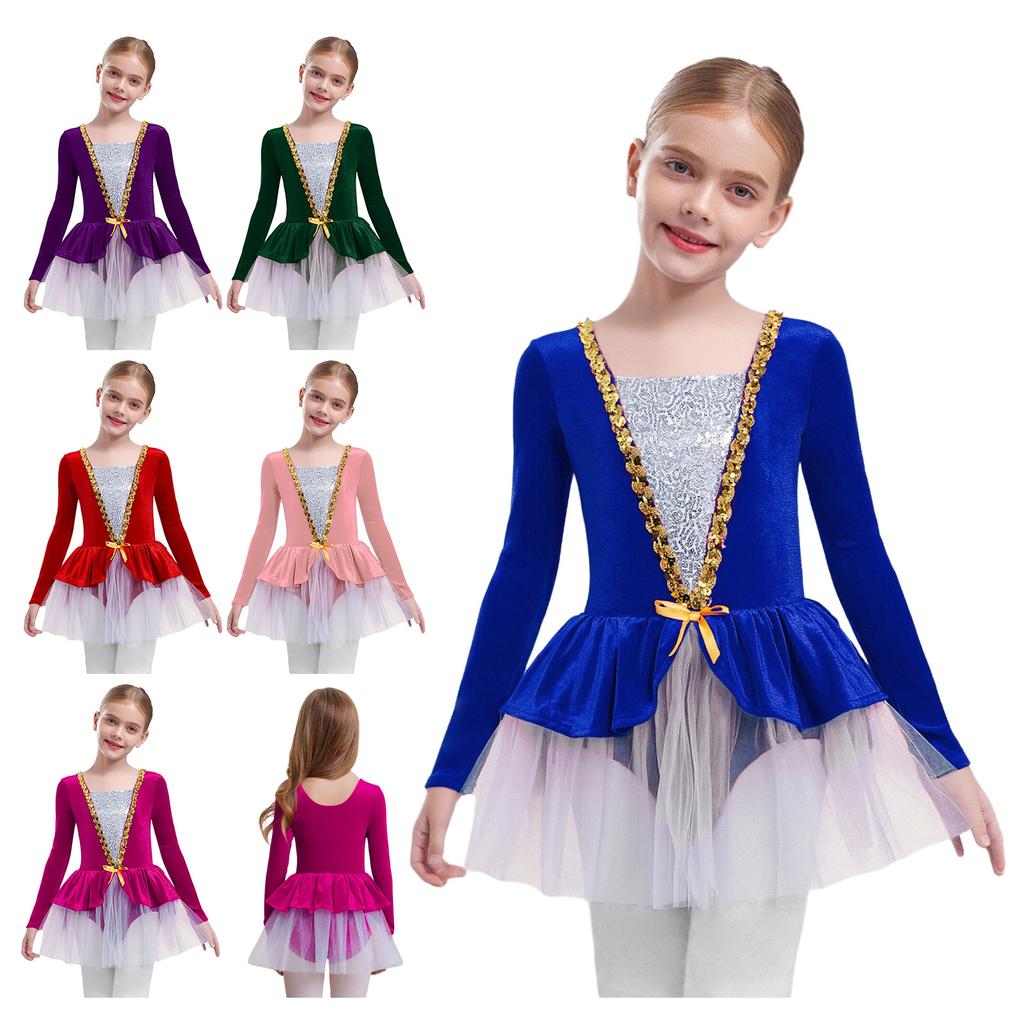 Dívčí krasobruslařské vystoupení Šaty Dlouhé rukávy Lesklé flitry Patchwork Sametové Tutu Šaty Vložené kalhotky Baletní kostým
