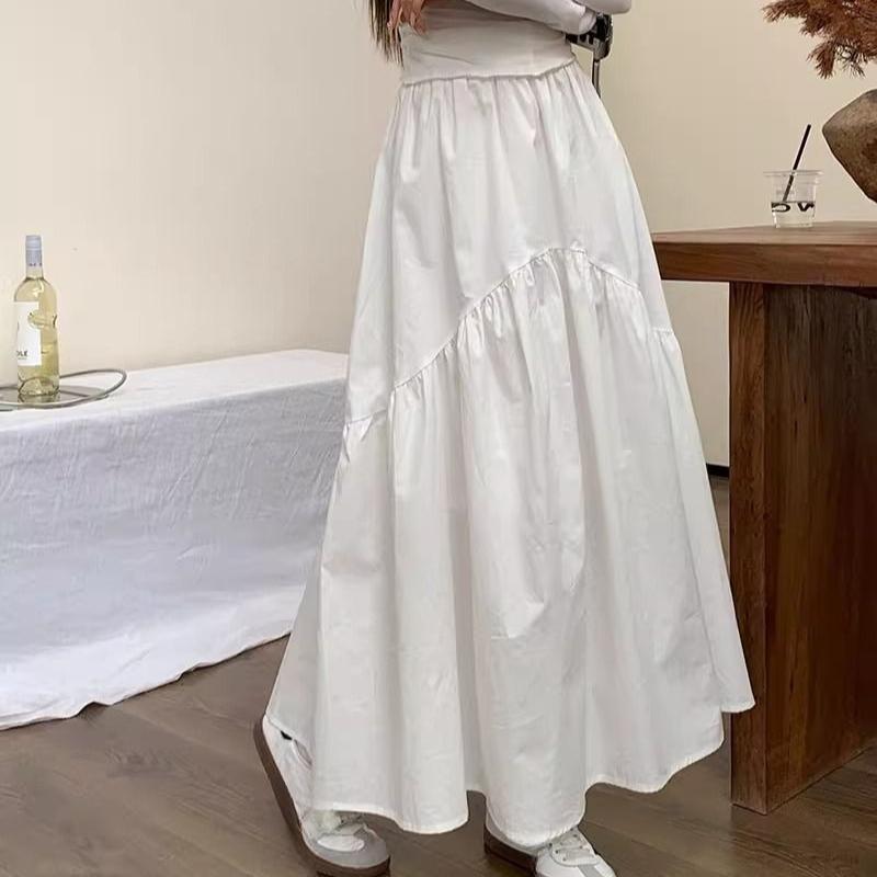 Spring New Elastic High Waist Fashion Loose Long Skirts Women Pleated Patchwork Summer A-line Skirt Female Elegant Temperament Simple Lady Skirt 26290