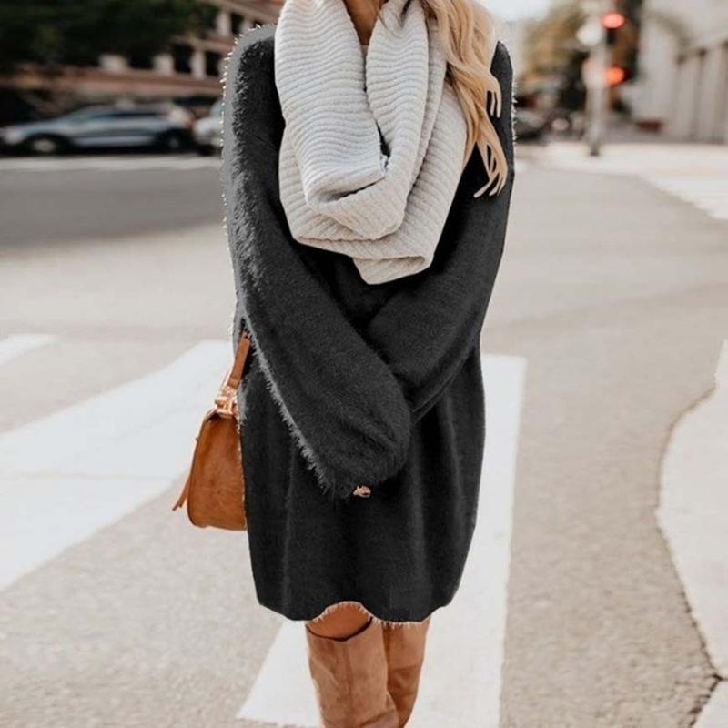Women Autumn Winter Fashion Casual Sweater Dress Soft Comfy Long Sleeved Solid Dresses Solid Chic Loose Sweater Dresses Furry Sweater