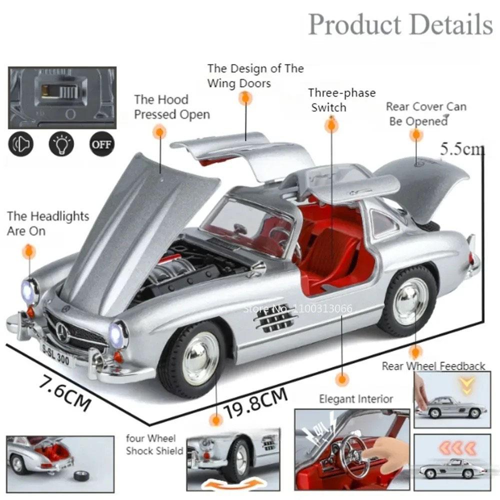 1:24 Alloy Diecast 300SL Cars Models Toys 4 Doors Opened Vintage Car Wheel Pull Back Vehicle Toy for Boys Adult Collection Gifts