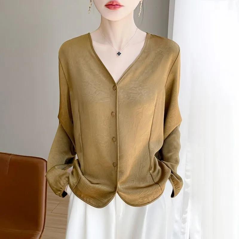 Summer New All Match Long Sleeved Silk Shirt Fashion Loose V-neck Classic Elegant Temperament Top
