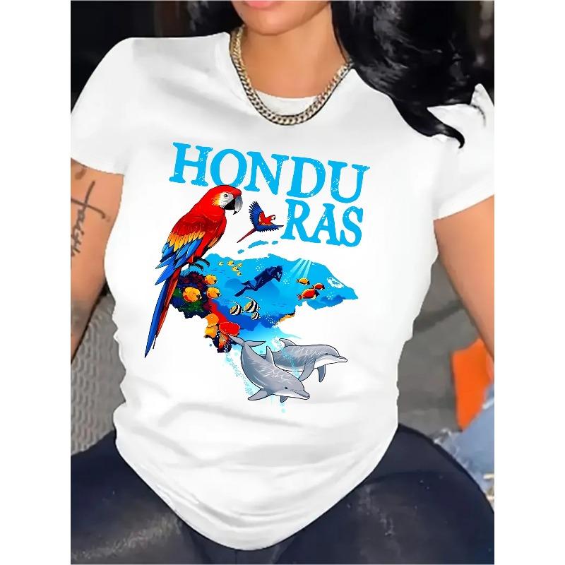 European size Women'S Short-Sleeve Round-Neck T-Shirt with a Honduras Parrot Print