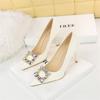Women Elegant High Heel Stiletto Pumps Pointed Toe Black White Bling Metal Rhinestone Buckle Wedding Event Single Shoes