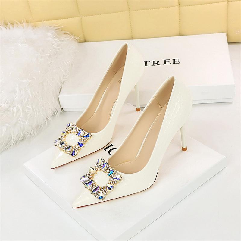 Women Elegant High Heel Stiletto Pumps Pointed Toe Black White Bling Metal Rhinestone Buckle Wedding Event Single Shoes