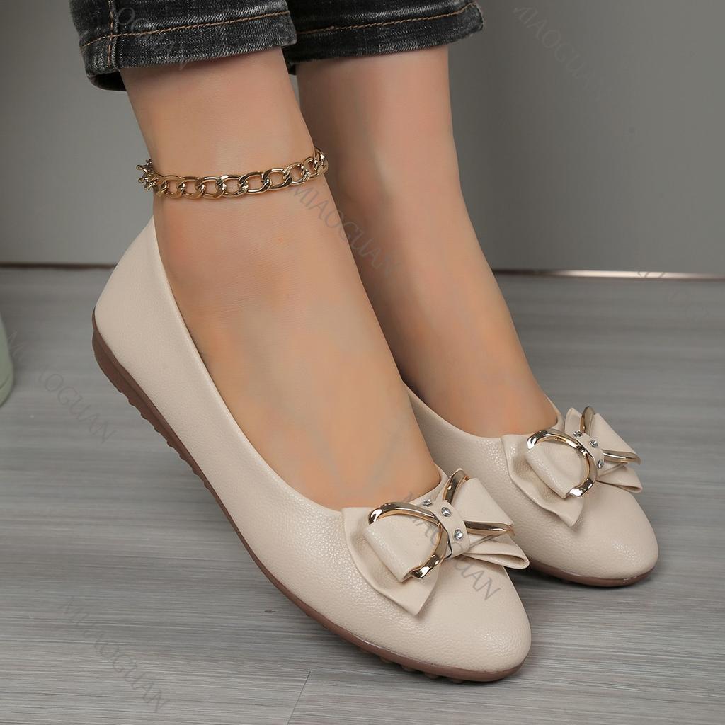 Fashion Single Shoes Women Spring Autumn Bowknot Slip On Flats Casual Comfortable Soft Bottom Round Head Elegant Leather Flat Work Shoe