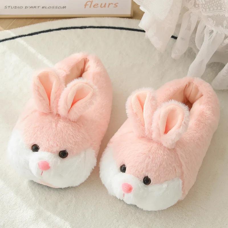 Fashion Cute Rabbit Shoes Women Winter Slippers Warm Plush Soft Sole Girls Indoor Home Floor Slipper Pink Color Ladies Cartoon Footwear