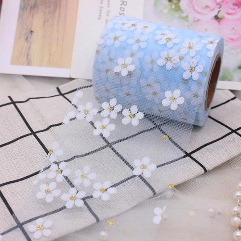 6cm 25Yards Floret Tulle Chrysanthemum Ribbon Roll DIY Handmade Craft Hair Ornament Baking Cherry Blossoms Printed Mesh Supplies