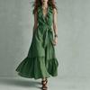 Women's Casual Sleeveless Ruffle V-Neck Maxi Dress Tie Waist A-Line Long Dress for Summer Beach Vacation Dress