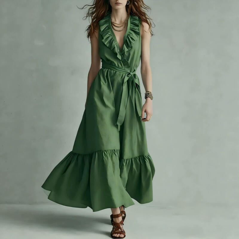Women's Casual Sleeveless Ruffle V-Neck Maxi Dress Tie Waist A-Line Long Dress for Summer Beach Vacation Dress