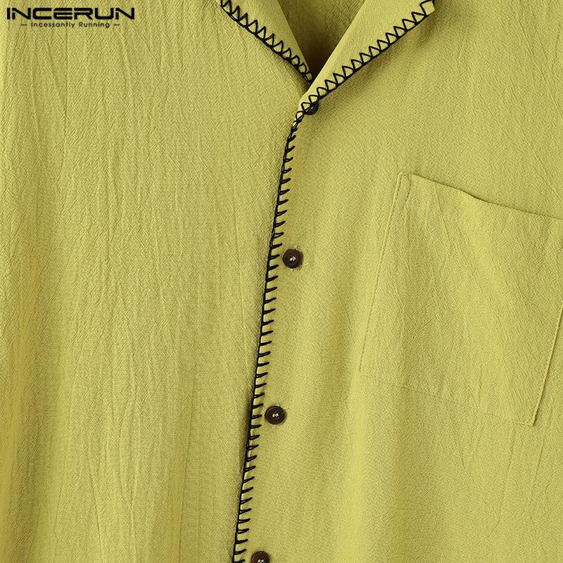 INCERUN Cămăși de vară pentru bărbați cu mânecă scurtă, cusături casual, vintage, din bumbac