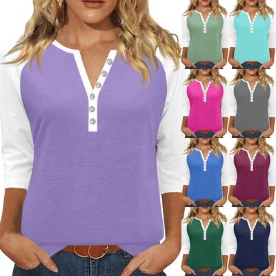 Women's T Shirt Print Button 3/4 Sleeve Daily Weekend Fashion Basic V- Neck Regular Top