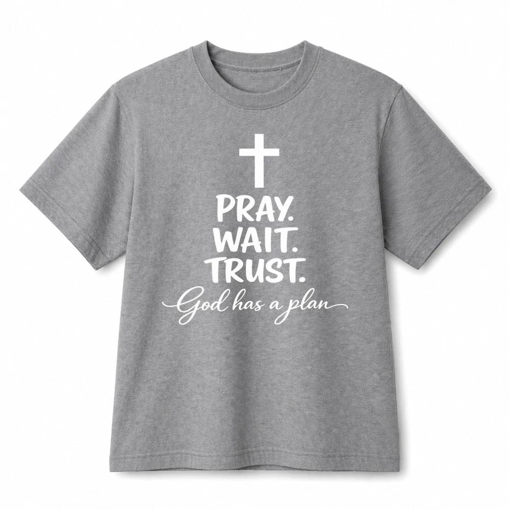Pray Wait Trust God Has A Plan Cross Christian Graphic Cotton T‑Shirt Unisex 2XL
