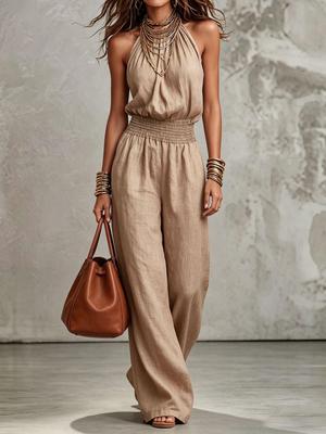 2026 Summer Women's Sexy Sleeveless Backless Lace-up Halter Wide-leg Jumpsuit