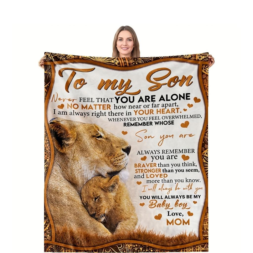 1pc Cozy Flannel Blanket with Lion Design - Soft Knit Polyester, Sentimental Quote for Son from Mom, Universal Home Decor, No Battery Required