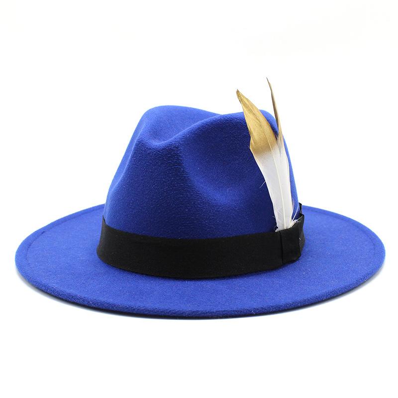 Trendy Wide-Brimmed Hat Woolen Top Hat Versatile Feather Flat Edge Jazz Hat British Style