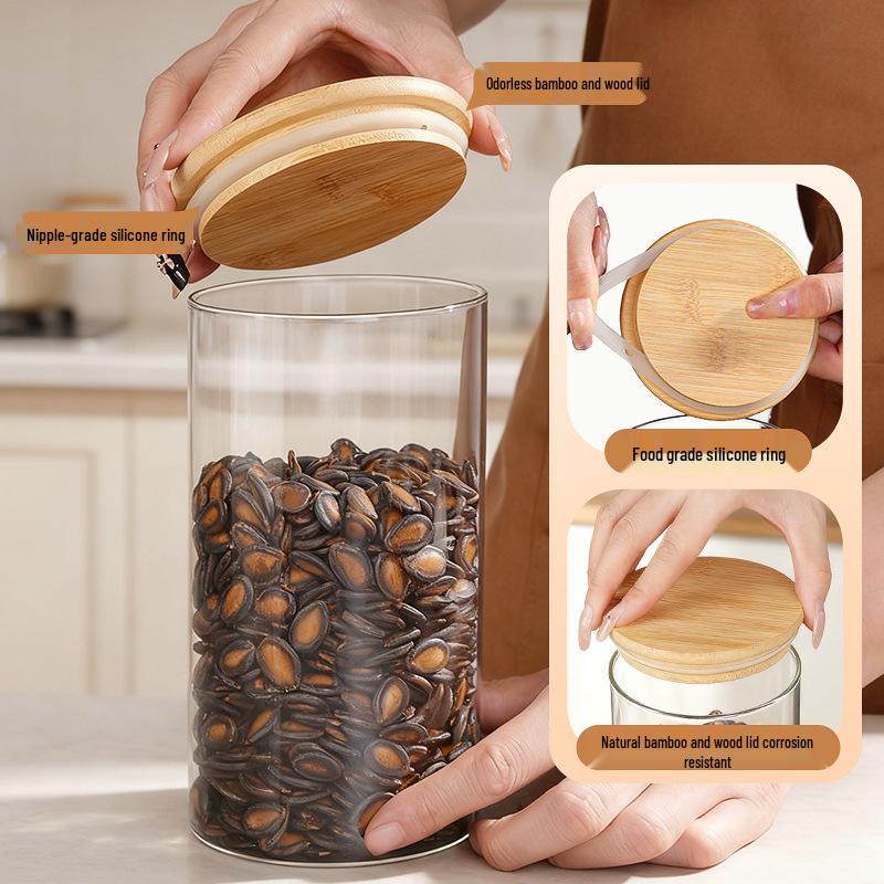 Large Capacity Bamboo Wood Lid Glass Jar - Food Grade, High Borosilicate, Moisture-Proof Storage