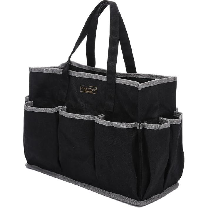 

16OZ Waxed Canvas Tool Tote Bag | Large-Capacity Tool Storage Tote with 10 External Pockets | Multi-Purpose Garden Tool Carrier for Gardening, чёрный