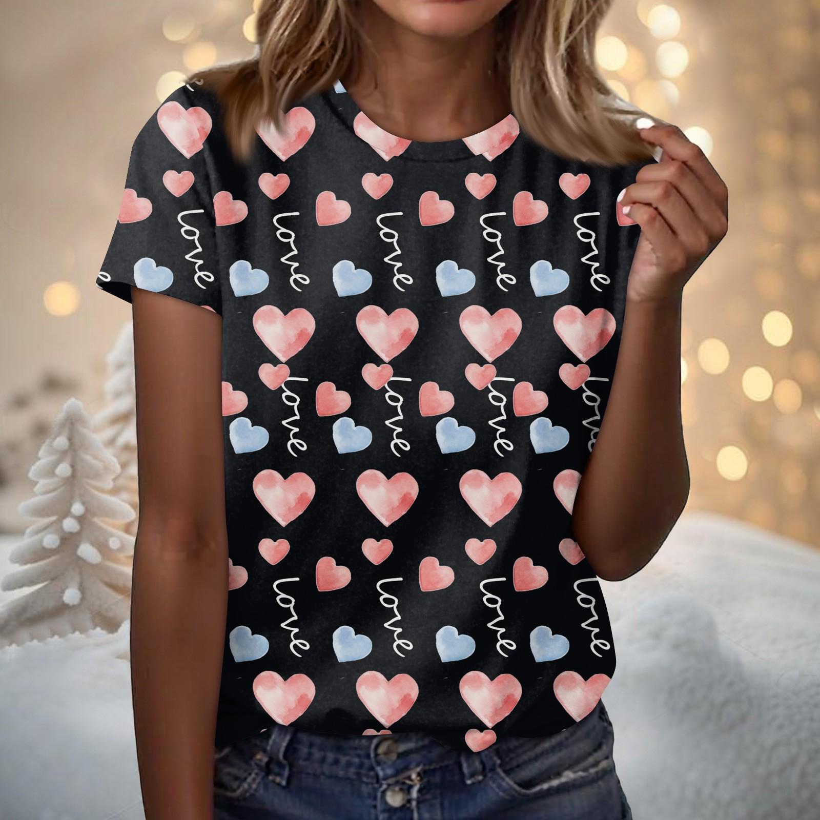 

Женская модная повседневная футболка с коротким рукавом и круглым вырезом с принтом ко Дню святого Валентина L чёрный