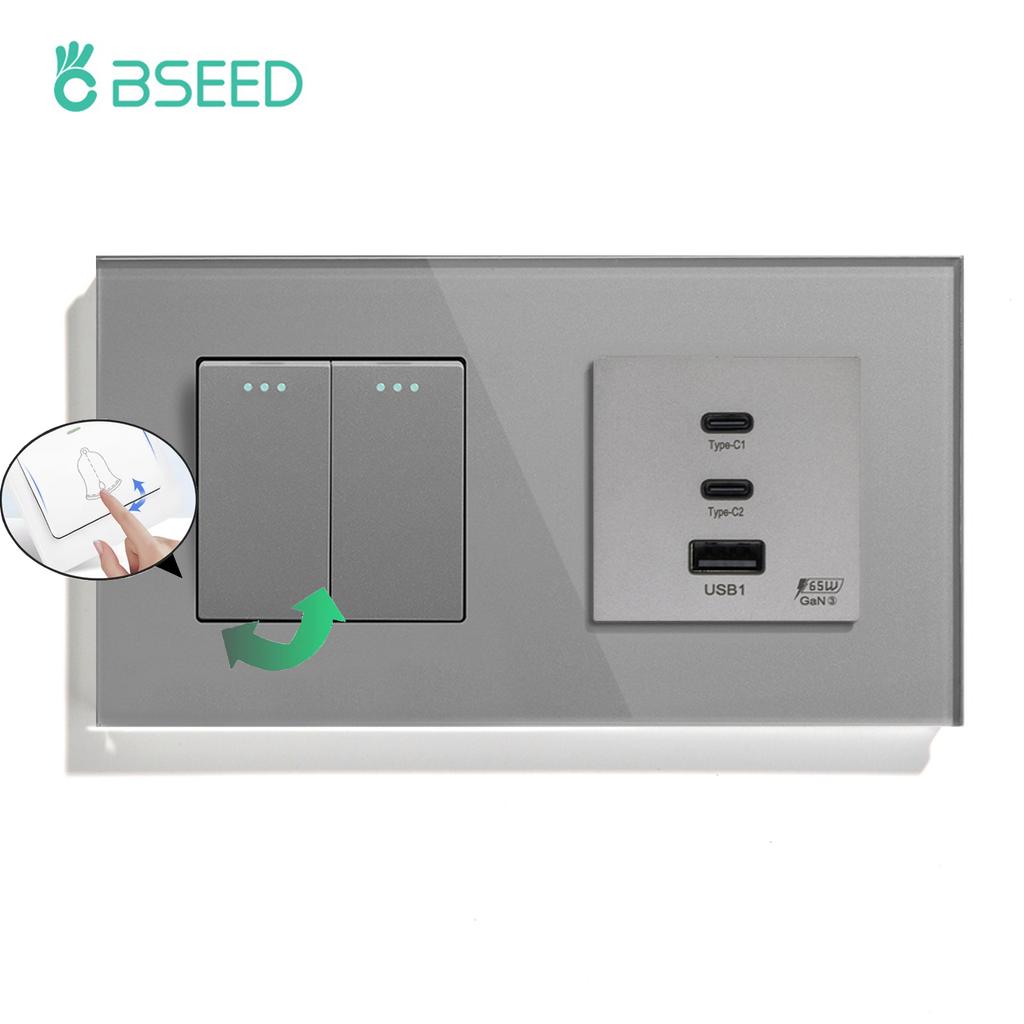 BSEED 1/2Gang Mechanical Light Switch 1Way With Fast Charging 65W USB C Socket Dual Typc-c Ports Glass Frame EU Standard