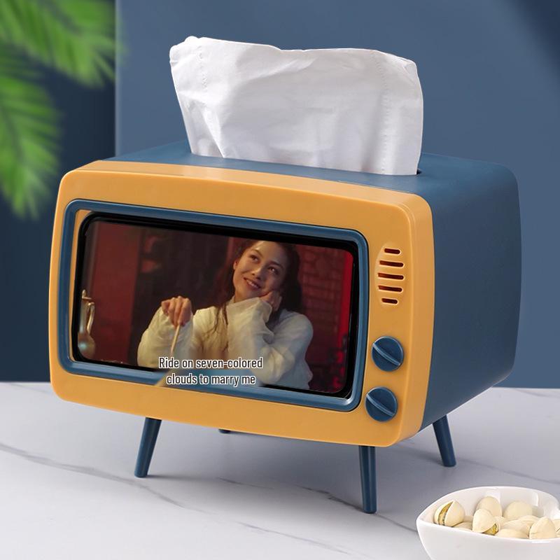 Retro TV Tissue Box and Mobile Phone Holder - Multi-functional for Home, Living Room, Coffee Table, and Restaurant Use.