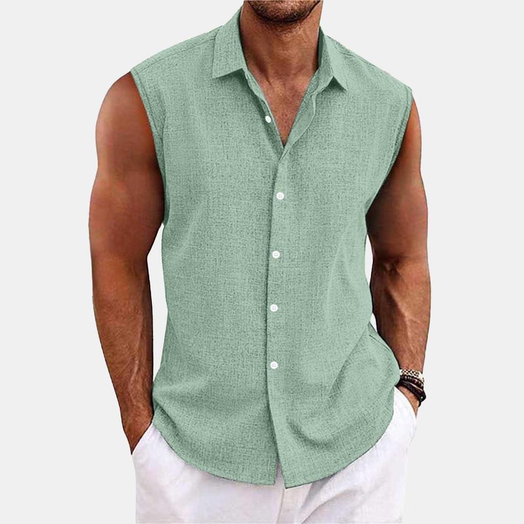 Men's Solid Color Lapel Button Up Vest Shirt T-shirt Top
