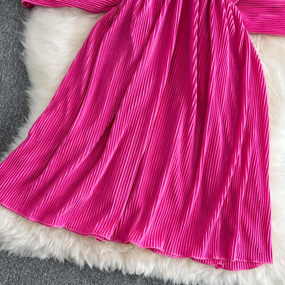 High-end Sexy Temperament Lose Design V-ausschnitt Open-back Taille Fledermaus-ärmel Plissee Kleid Sommer