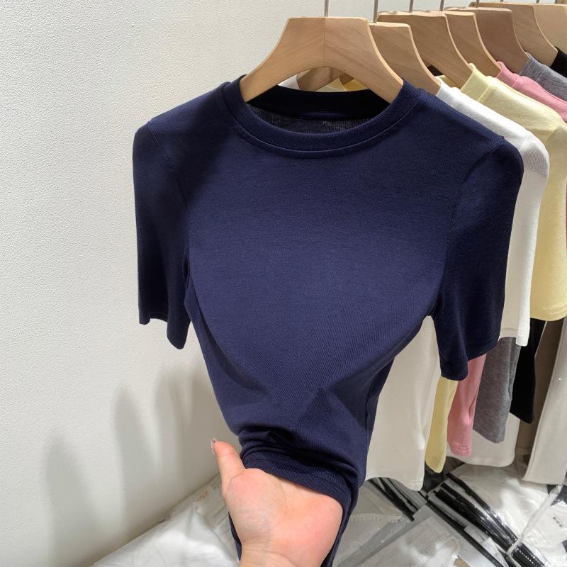 

Tulaisaier Women s Summer 2026 Tencel Wool Slim Fit Short Sleeve T-Shirt - Solid Color, Round Neck Large темно-синього кольору
