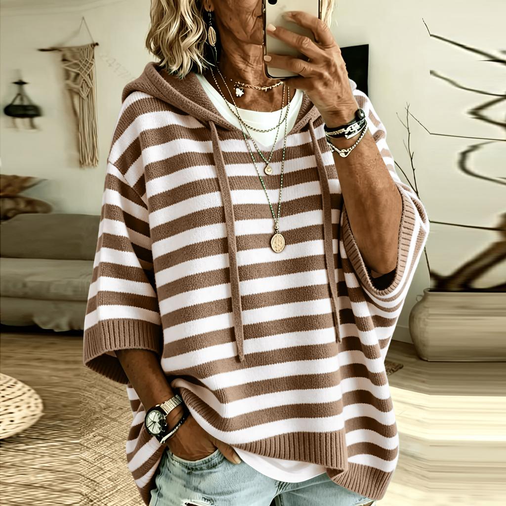 Women's Striped Hooded Knit Sweatshirt with Drawstring