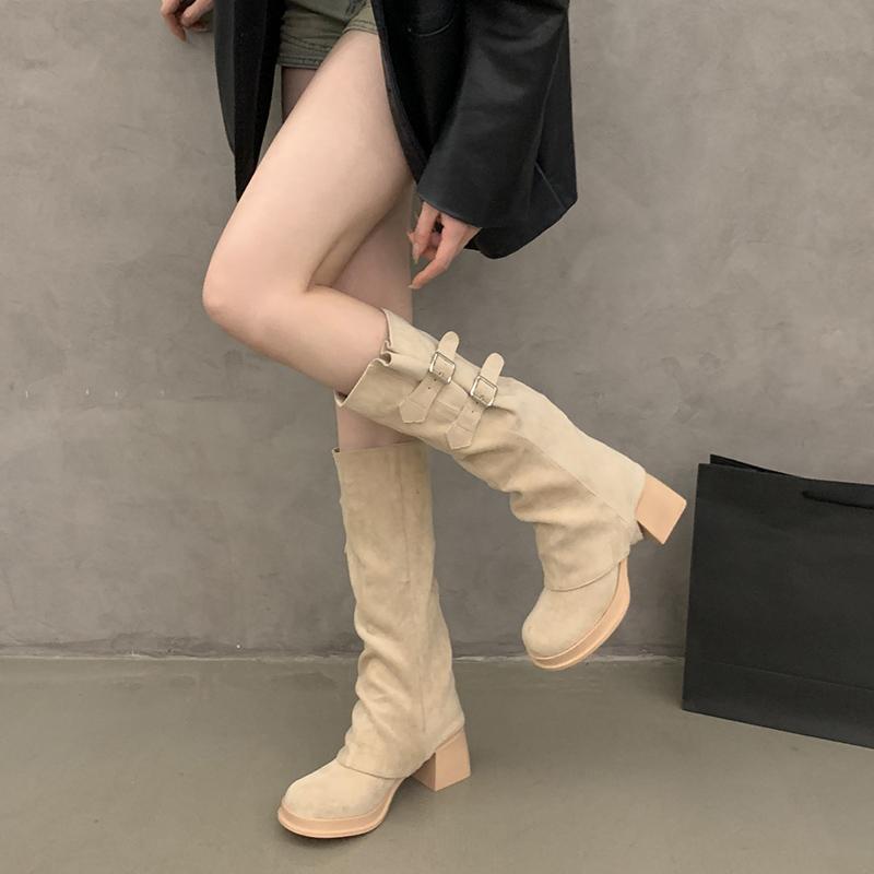 Fashion Autumn Winter Designer Buckle Strap Women Knee High Boots Fashion THick Heels Comfortable Long Botas