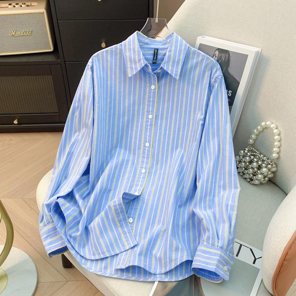 Women's Anti-Curling Striped Shirt - Overlap Design, Loose Fit, Plus Size, Perfect for Spring & Autumn.