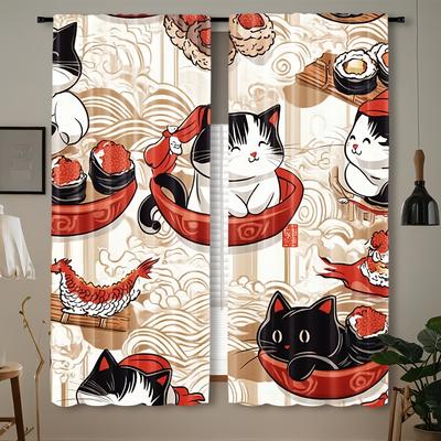 2 Stück Japanische Glückskatze & Sushi Vorhänge – Modern Transparent, Stangentasche oben Für Schlafzimmer, Wohnzimmer, Küche – Ganzjahresdekoration