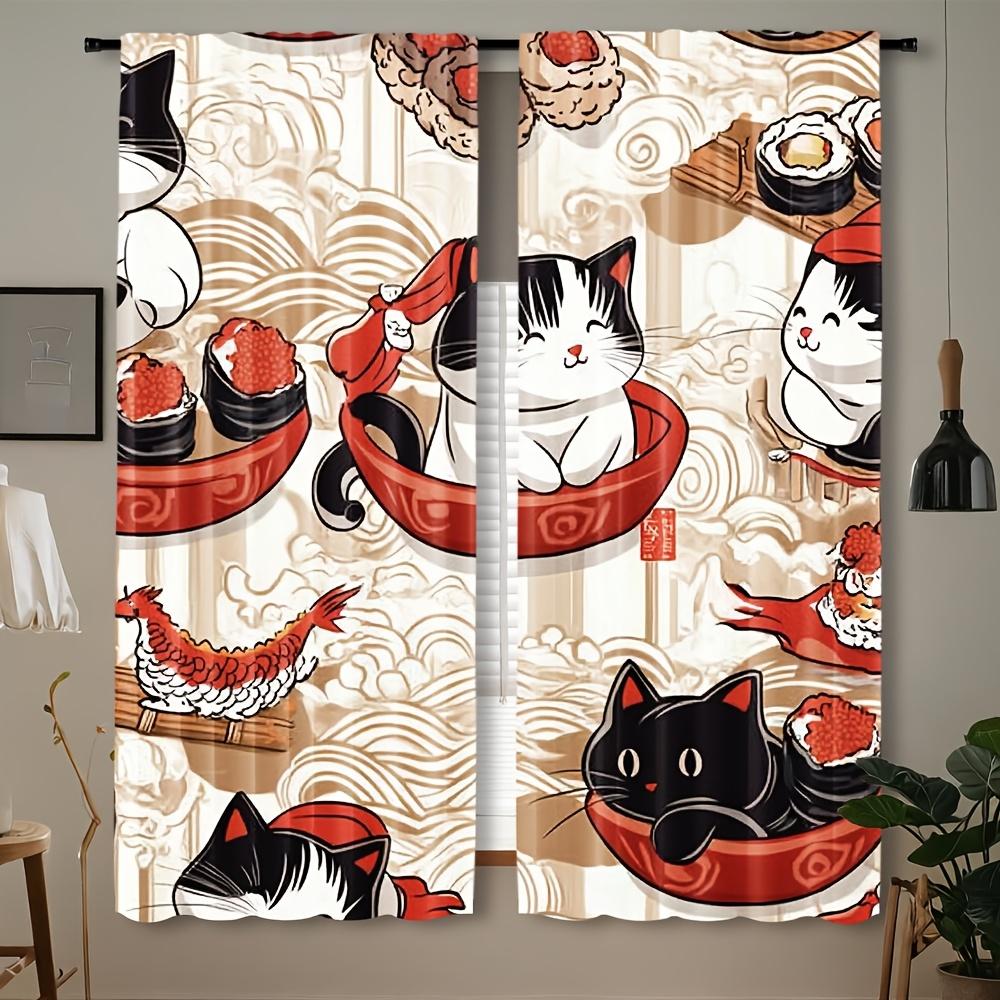 

2Pc Japanese Lucky Cat & Sushi Curtains – Modern Sheer, Pocket Rod Top For Bedroom, Living Room, Kitchen – All-Season Decor 53x116cm(2pcs)