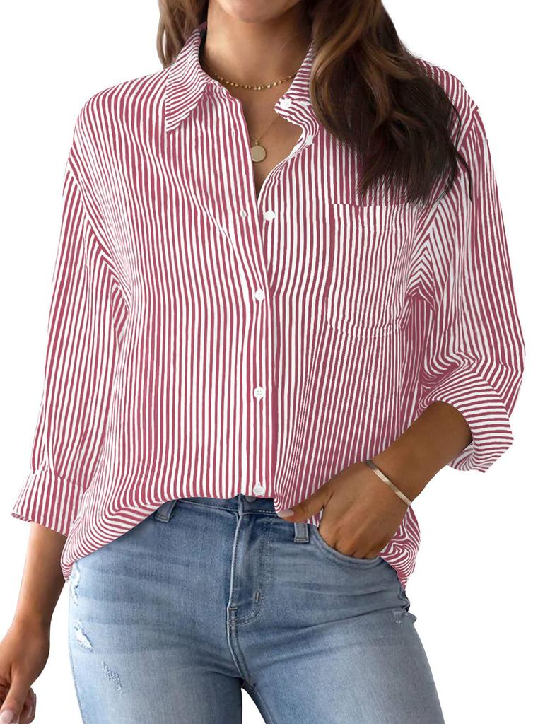 Women's Striped Long Sleeve Collared Button-Down Shirt with Pocket