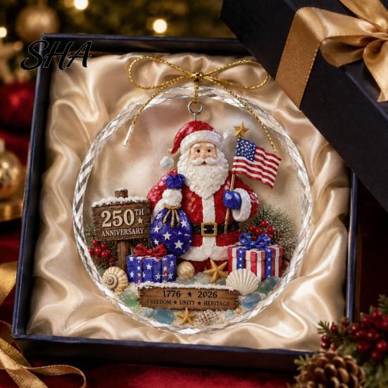 Crystal Texture Gift Tag 250 Anniversary USA Sea Glass Christmas Ornament, 1776-2026 Patriotic Faux Red Blue Festive Accents Clear Keepsake,