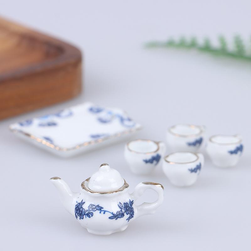 

1:12 Scale Dollhouse Miniature Mini Porcelain Blue Print Milk Pots Teapot Water Cups Set Dolls Room Furniture Decoration