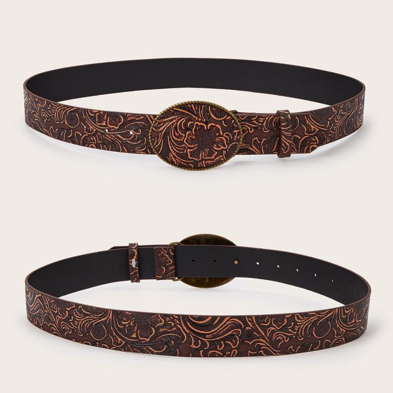Fashion Retro Flower Pattern Oval Buckle Decoration Women Wide Belt For Daily