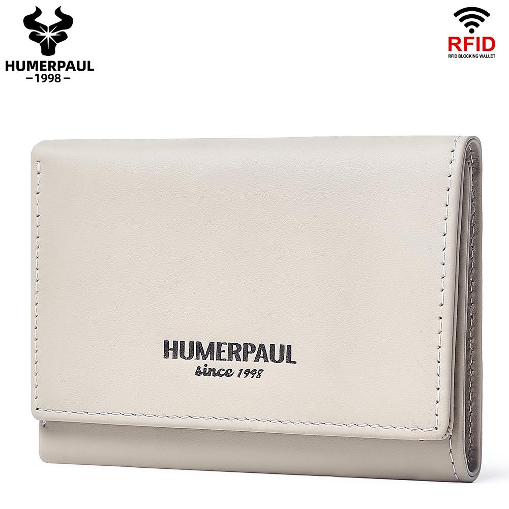 Humerpaul Ladies First Layer Cowhide Three-folding Wallet RFID Anti-theft Brush Portable Wallet Multi-card Slot Large-capacity Multi-compartment