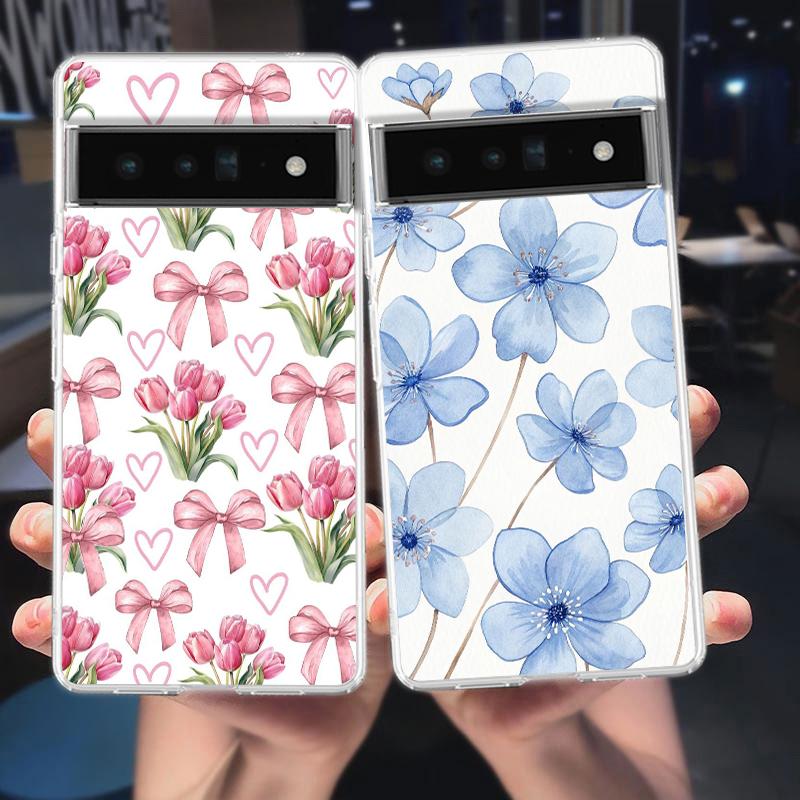 For Google Pixel 10 Pro Clear Phone Case Pixel 9 Pro XL Pixel 8 Pro 9A 8A 7A 7 6A 6 Pro Soft TPU Cover Soft Pale Little Flower