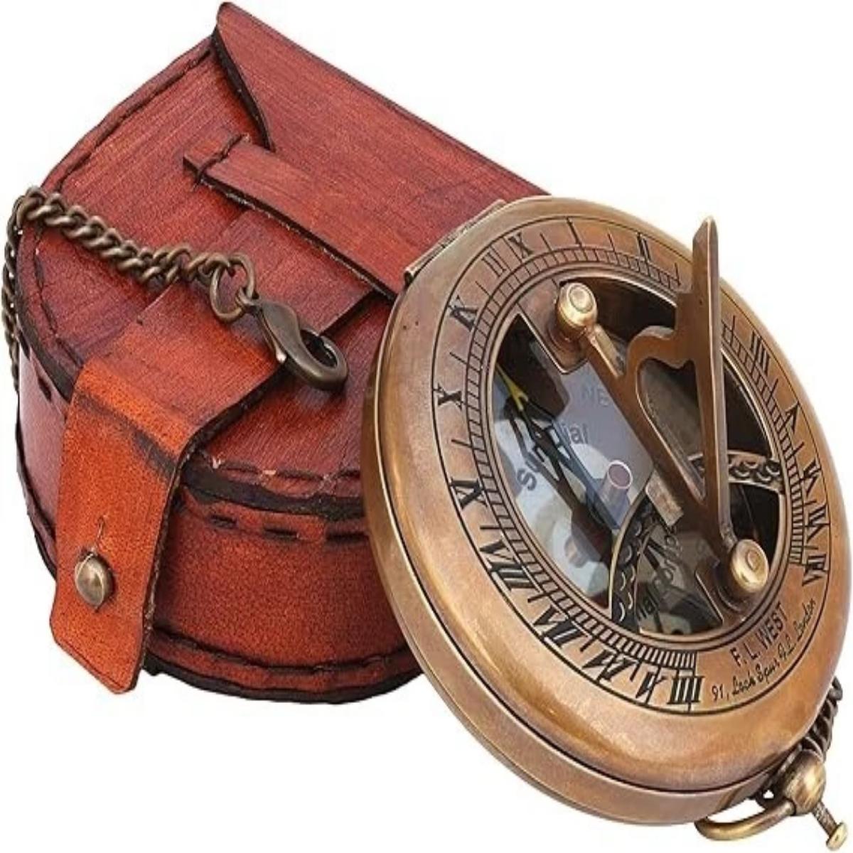 Vintage Brass Sundial Compass with Wooden Base – Antique Nautical Desk Decor Gift Standard