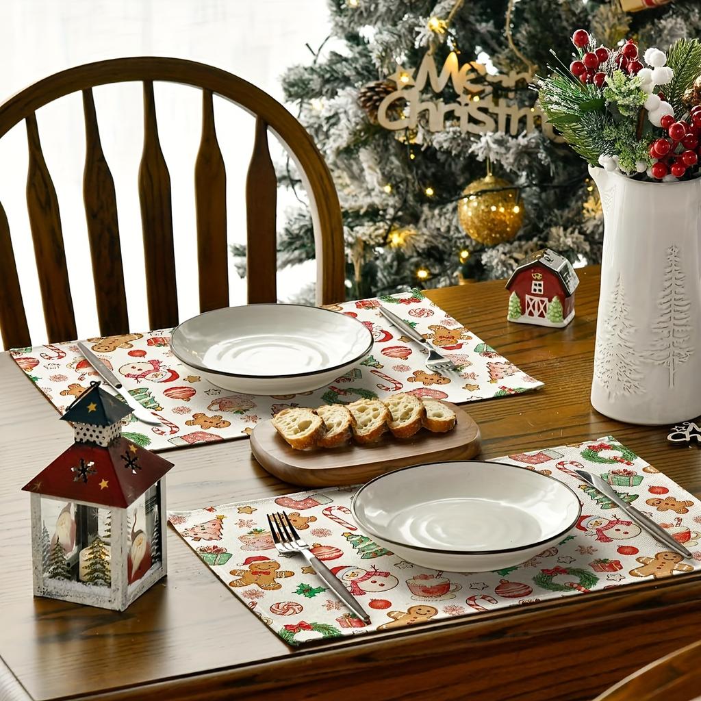4/6pcs Set Winter Gingerbread Gift Christmas Tree Gift Box Star Pattern Christmas Placemat Seasonal Everyday Holiday Decoration for Home Kitchen