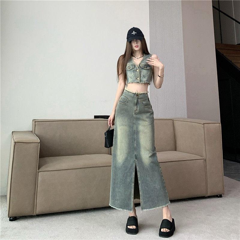 American Retro Denim Suit Women's Summer Spice Girl Sleeveless Vest Split Skirt Two-piece Set High Waist and Thin