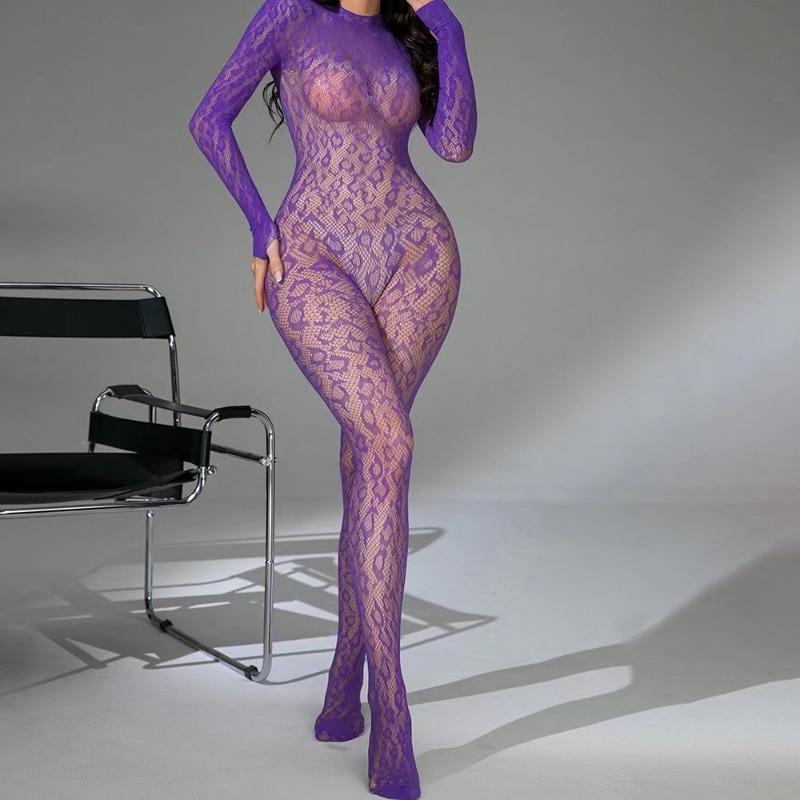 Women Sexy Erotic Bodystocking Jumpsuit Striped Jacquard Garter Open Crotch Backless See-through Temptation Mesh Lingerie