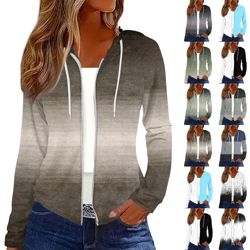 Women's Fashion Casual Zip Up Hooded Print Long Sleeve Sweatshirts Coat