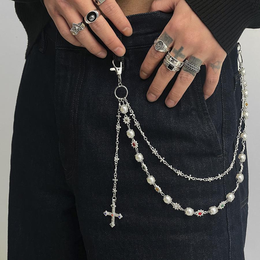 Europäische und Amerikanische Perlen Hosenketten Zubehör Herren Hip-Hop Nische High-End Kreuz Anhänger Taillenkette Jeans Zubehör