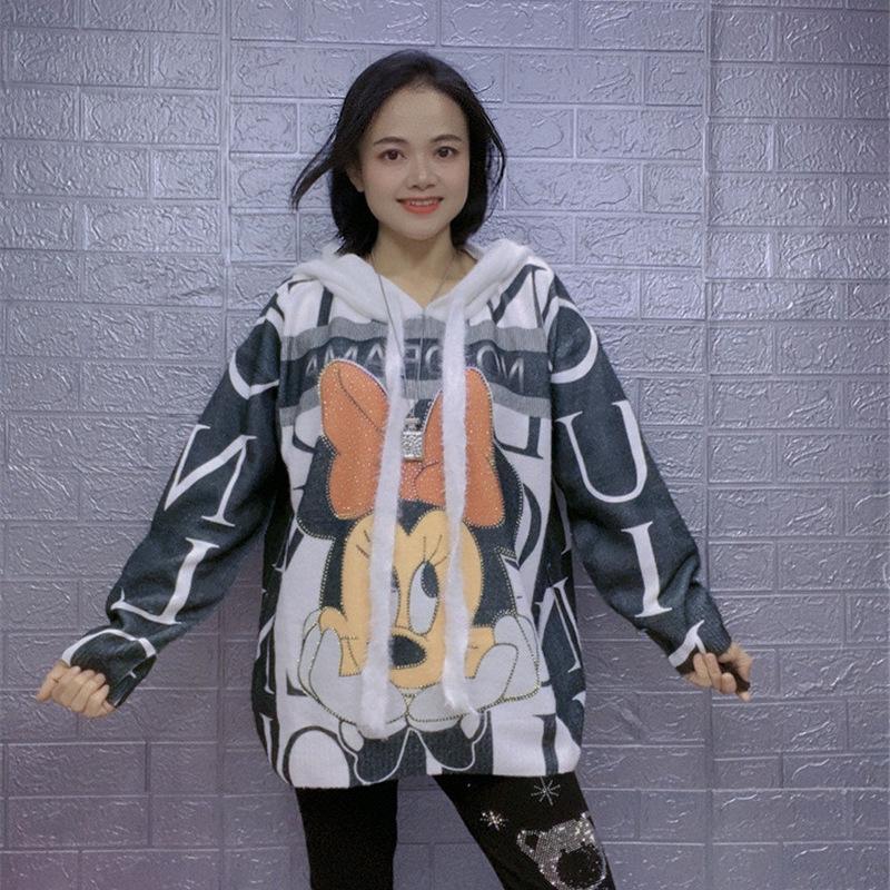Hooded Mink Velvet Sweater, Rhinestone Minnie Design, Plus-Size, Warm Knitwear for Women, Spring/Autumn/Winter Style