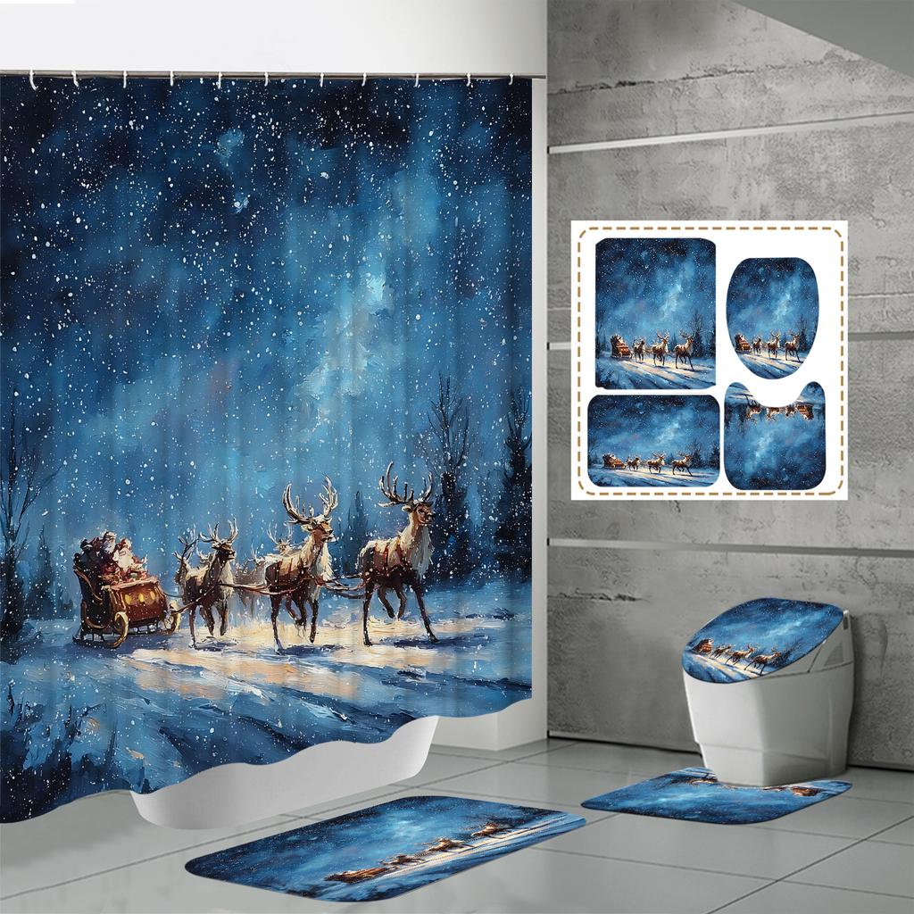 4PCS Shower Curtain Sets With Shower Curtain And Rugs Toilet Lid Rug U Shape Mat And Bath Mat Bathroom Set With 12 Hooks