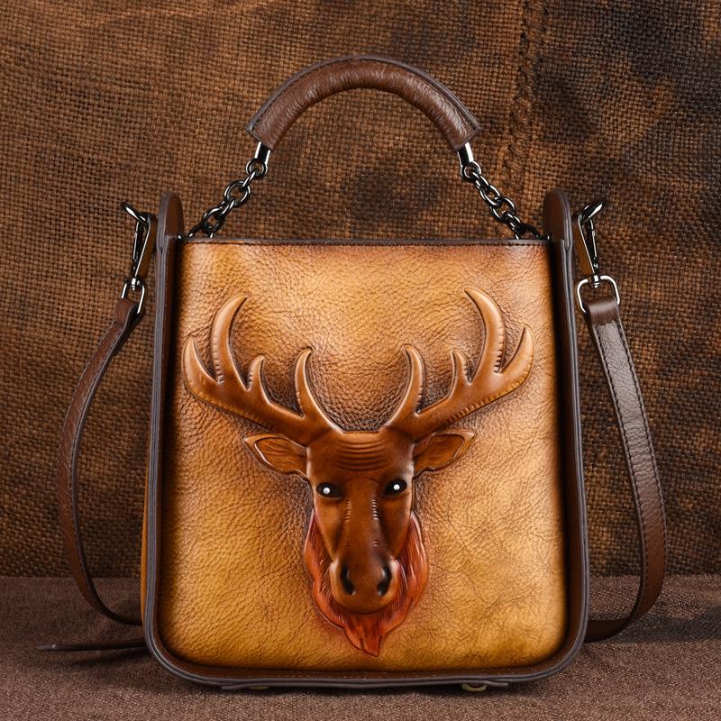 First Layer Cowhide Leather Retro High-end Trend Export European and American Hand-held Diagonal Cross Bag Women's Bucket Bag