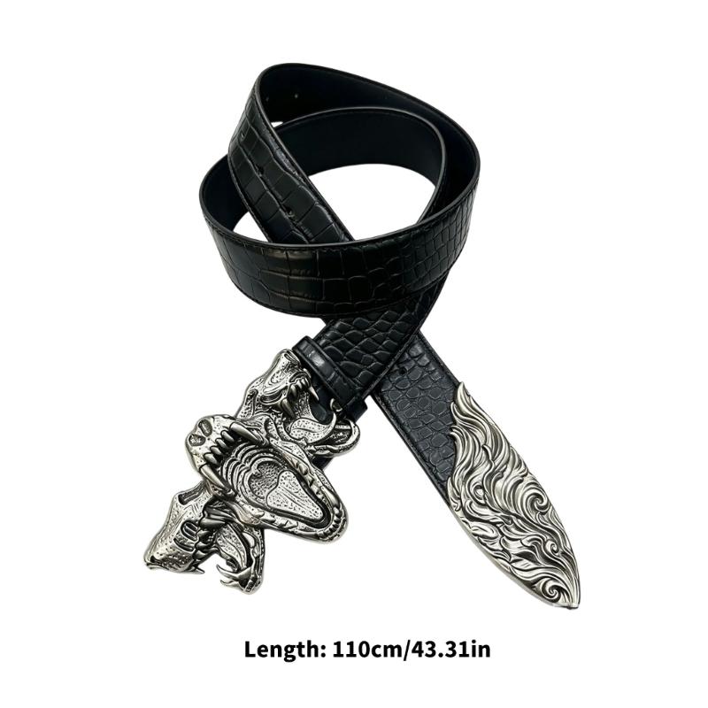 Black Embossed Waist Belt with Texture Design, Metal Buckles and PU Waist Strap for Street Wear Styling Pants Accessories
